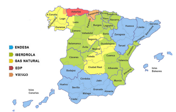 Mapa de las distribuidoras eléctricas en España